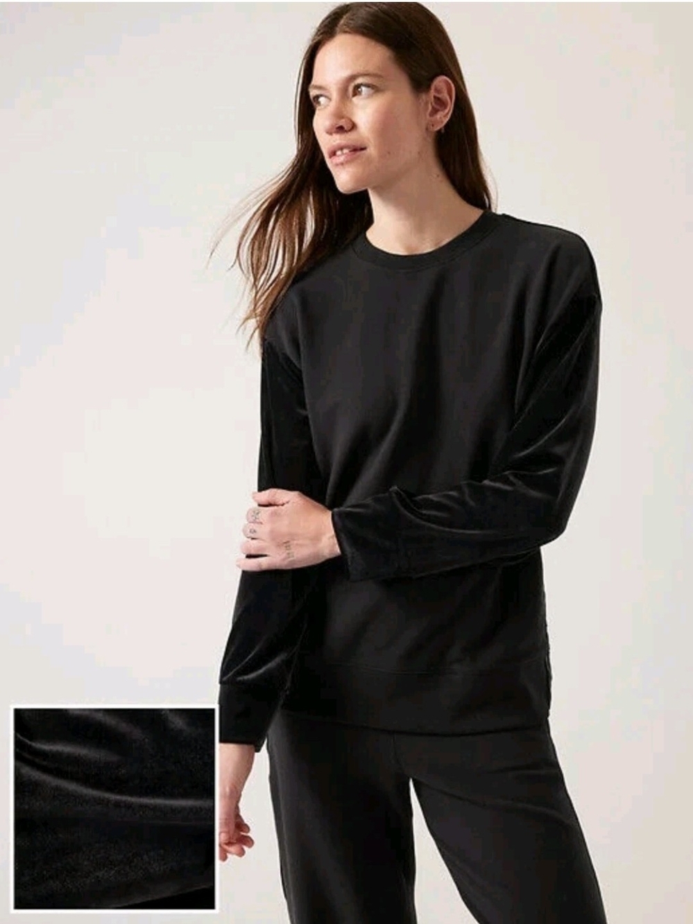 Athleta Retroplush Velvet Crewneck Black Sweatshirt Sz XS Athletic Plush Cozy